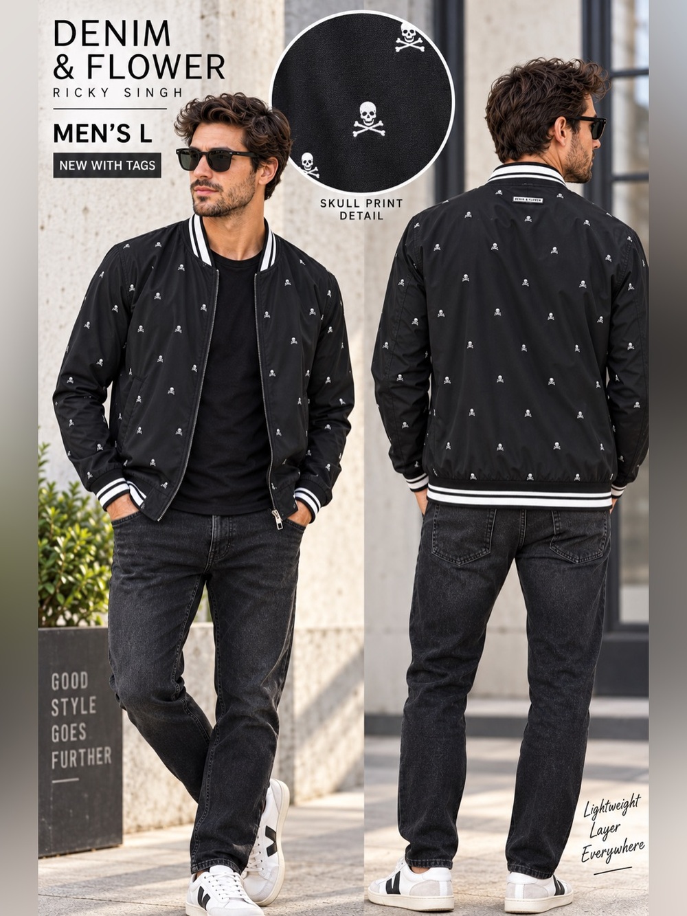 Denim & Flower Mens large Lightweight Bomber Jacket Skull Print Black New gothic